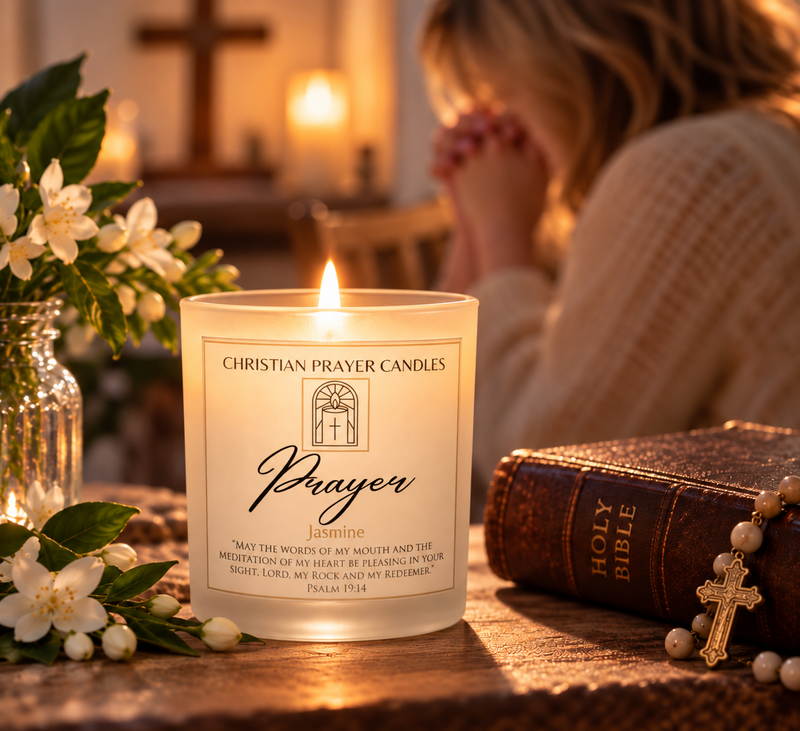 Prayer Jasmine candle with original label, Holy Bible, and a woman praying